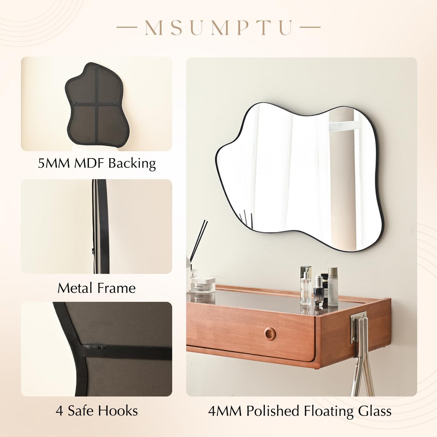 MSUMPTU Irregular Wall Mirror Black Wave Shaped Metal Framed Wall Mirror for Bathroom Bedroom Entryway Living Room Wall Decor 24" L x 18" W 2305B