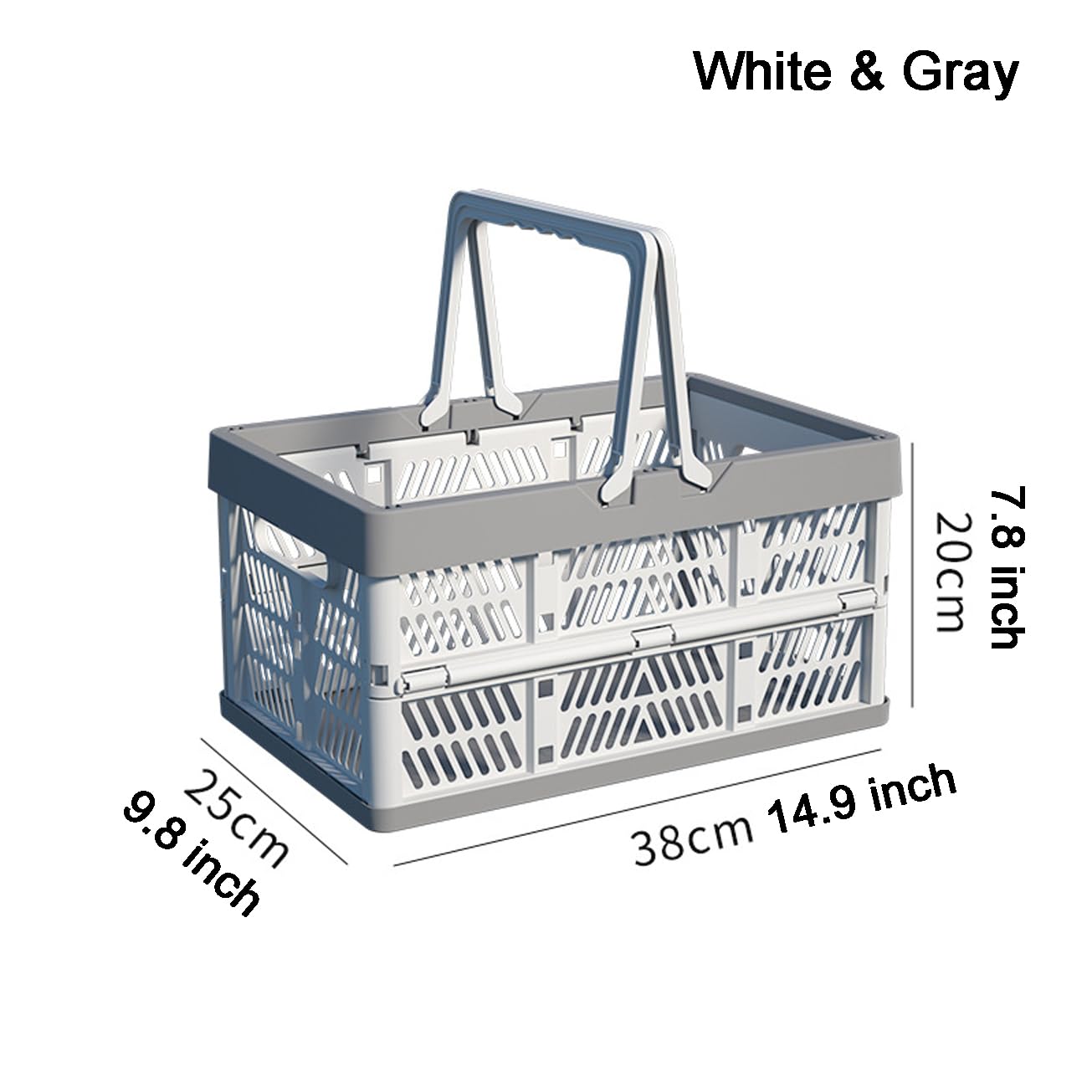 VIGAER 20L Plastic Collapsible Storage Crate - Foldable Handle Crate Storage Basket Bin - White & Gray M