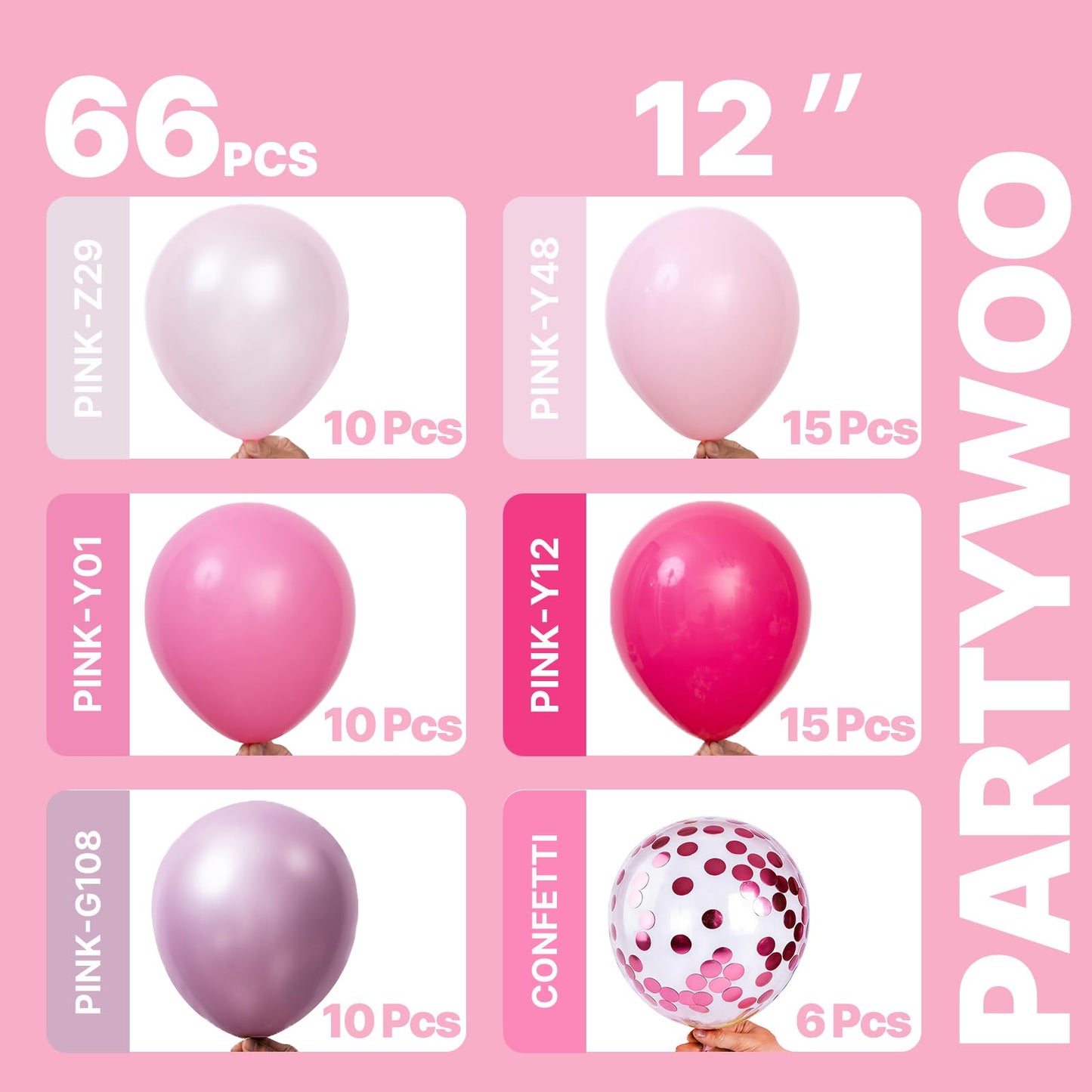 PartyWoo Pink Balloons 66pcs 12 Inch Pearl Metallic Mauve Magenta Fuchsia Hot Pink Confetti Latex Balloons for Gender Reveal Bridal Shower Baby Shower Princess Theme Birthday Party Decorations