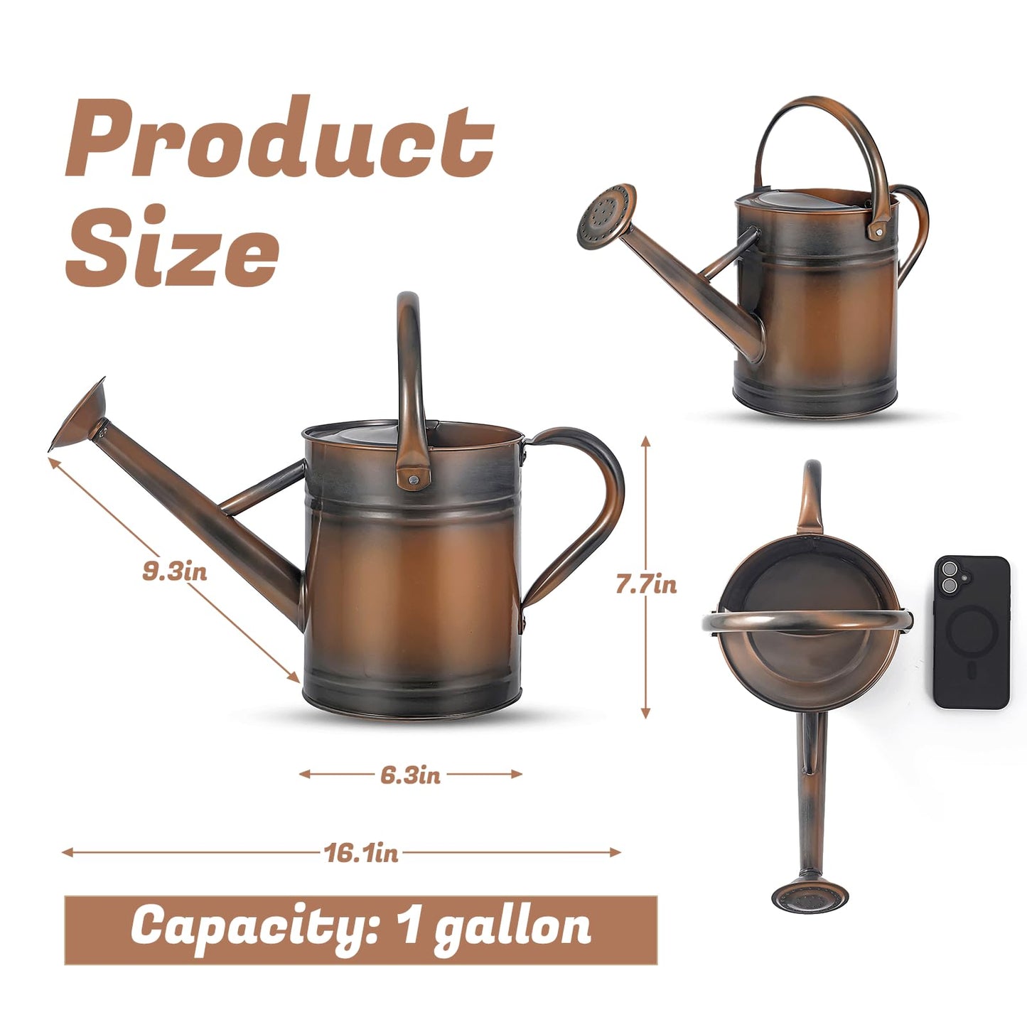 1 Gallon Watering Can for Plants, Watering Cans for Indoor&Outdoor Gardening, Galvanized Steel Watering Pot with Removable Spout, Metal Water Can with Ergonomic Movable Handle(Copper)