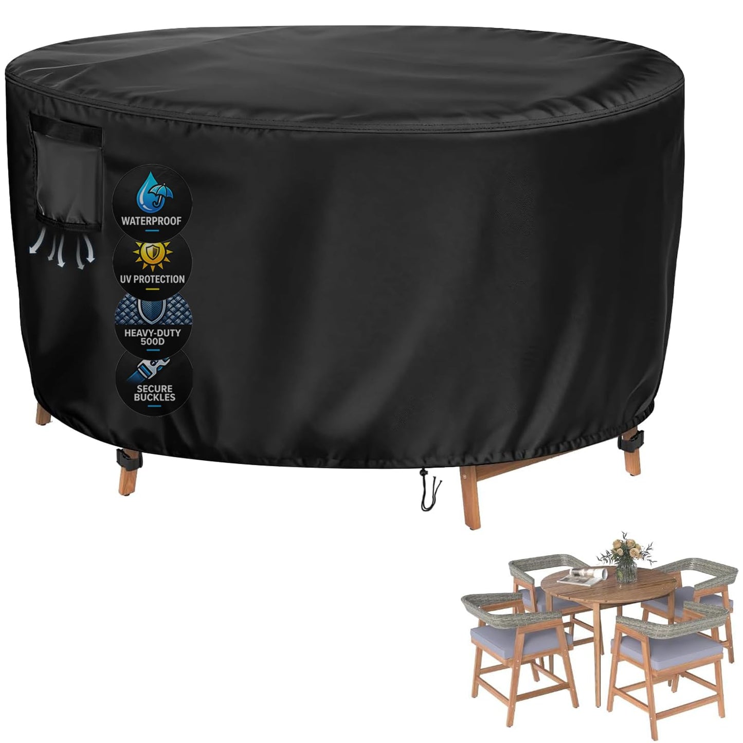 Vercome Heavy Duty Round Patio Dining Table Cover, 60 Inch Waterproof Outdoor Furniture Cover for Large Round Table and Chair Sets (Black, 60"DIAx36"H)