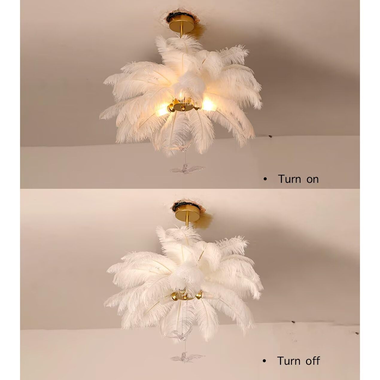 GUANSHAN White Ostrich Feather Pendent Light - Feather Ceiling Light & Chandelier for Bedroom, Living Room