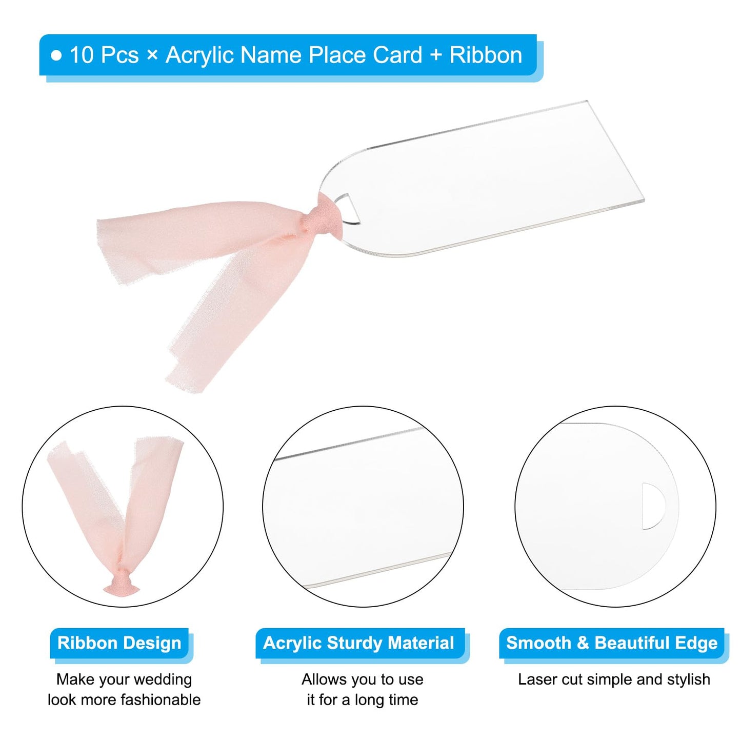 Place Cards for Table Setting 3.5" x 1.8", 10 Pcs Acrylic Name Cards with Ribbon for Wedding Banquets Events Table Setting Reserved Signs Party Supplies, Style B Transparent