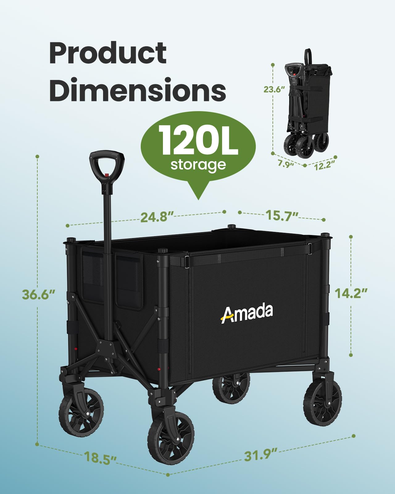 Wagons Carts Foldable, Collapsible Wagon Cart with 220 lbs Max Load and Expandable Storage Space, Heavy-Duty Foldable Wagon Cart with Wheels for Groceries, Shopping, Sport, Beach, Garden and Camping