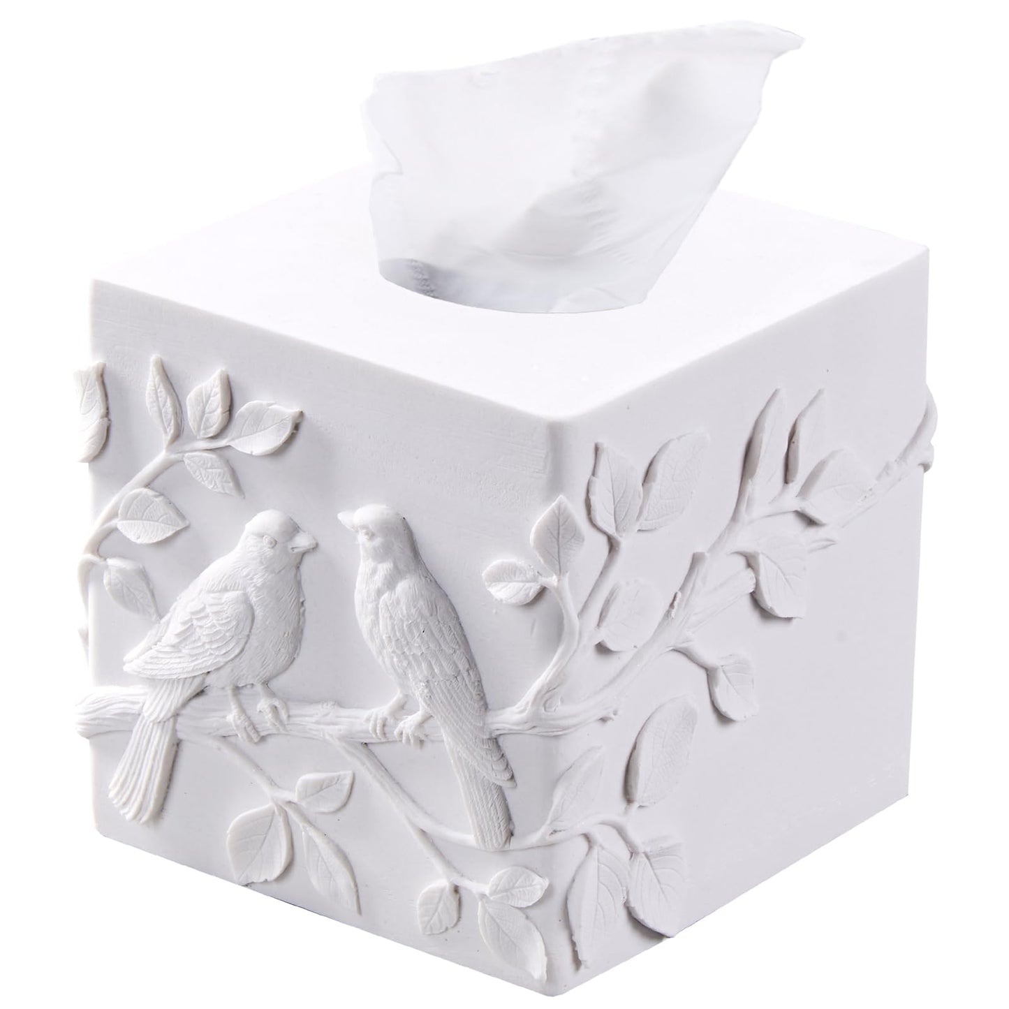 White Marble Relief Birds Square Tissue Box Cover Decorative,Resin Heavy Sturdy Tissue Box Holder, Facial Paper Holder for Bathroom Vanity Countertop, Bedroom Night Stand,Office and End Table