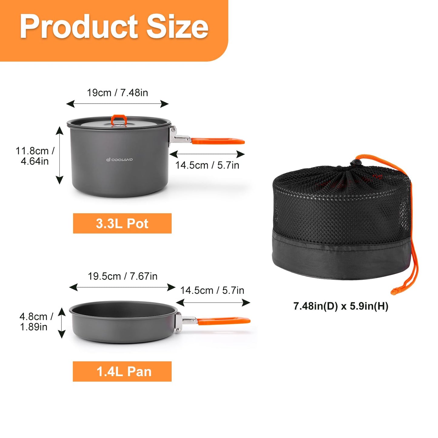 Odoland Camping Cookware Mess Kit - Non-Stick Lightweight Camping Pot and Fry Pan Set with Mesh Bag for Backpacking, Outdoor Cooking and Picnic, for 3-4 People
