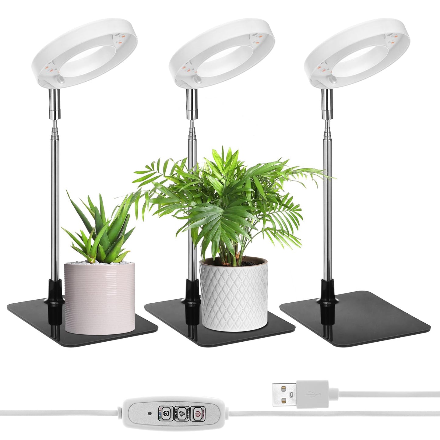QWORK Grow Lights for Indoor Plants, 3 Pack Full Spectrum LED Desk Grow Lamp, 7-25 in Adjustable Height, Auto Timer 2/4/8H, 4 Dimmable Levels, USB Powered