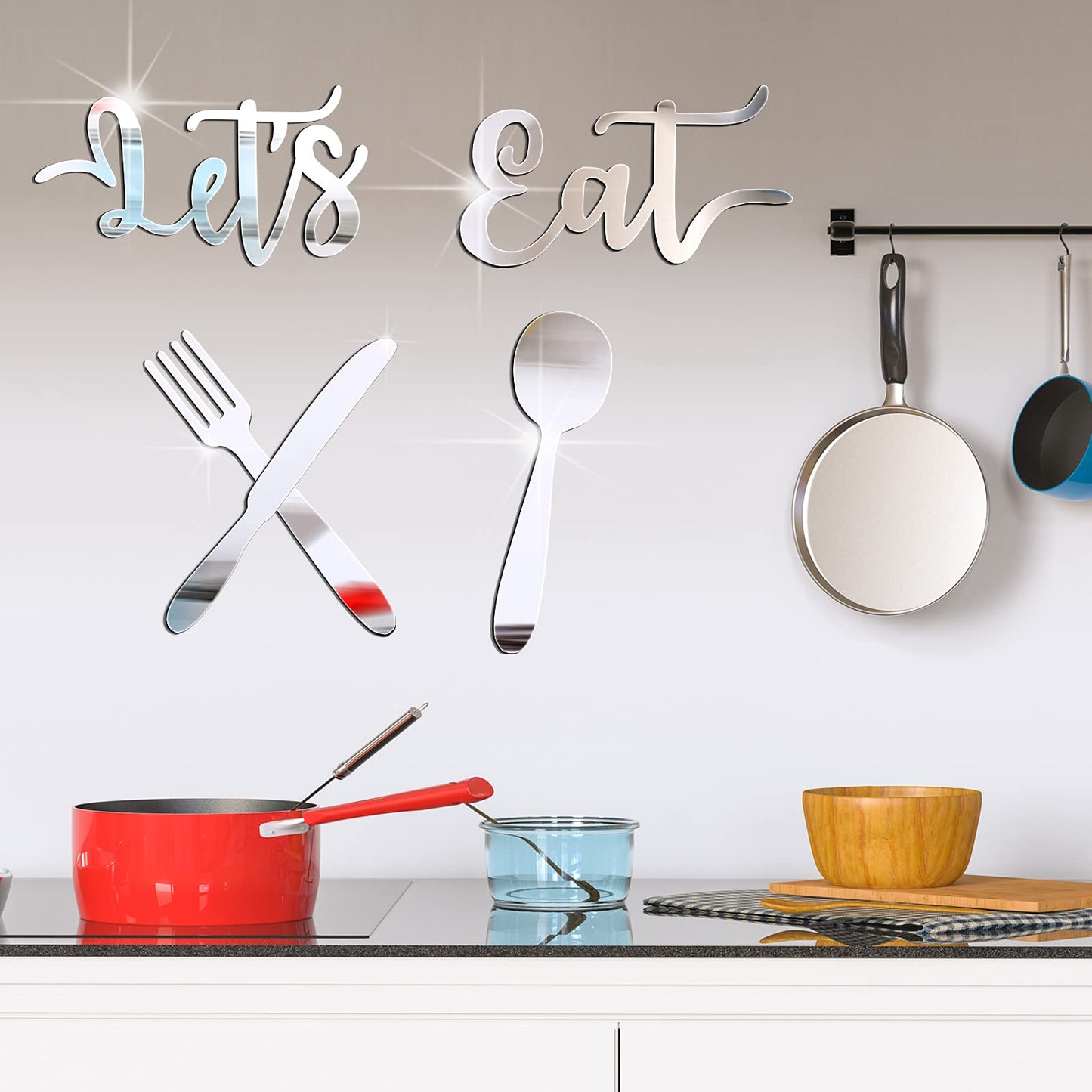 4 Pcs Let's Eat Sign Kitchen Wall Decor Acrylic 3D Mirror Wall Sticker Fork Spoon Knife Eat Sign Cutout Kitchen Decal Decoration Removable DIY for Restaurant Dining(Elegant Style)