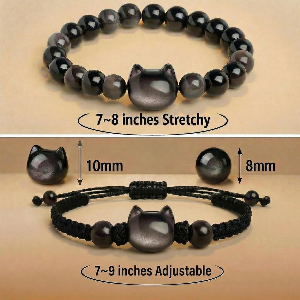 Black Obsidian Cat Bracelet and Moon Pendant Necklace Jewelry Set-Cat Lover Gifts,Wealth Attraction,Good Luck,Bead Bracelet,Mindfulness,Beaded Bracelets, Obsidian Pendant Necklace-Cute Gifts for Women (Black-Bead Cat Face-Strand Cat Face)