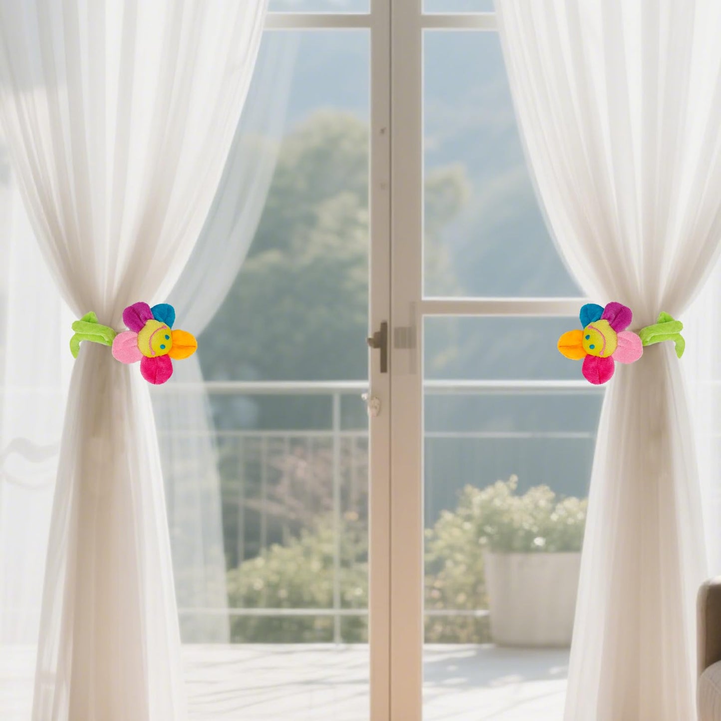WOOPSOO 8 Pack Artificial Plush Flowers Colorful Curtain Buckle Tiebacks Cute Big Smile Face Plush Sunflower with Bendable Stems Bouquet for Home Kids Girls