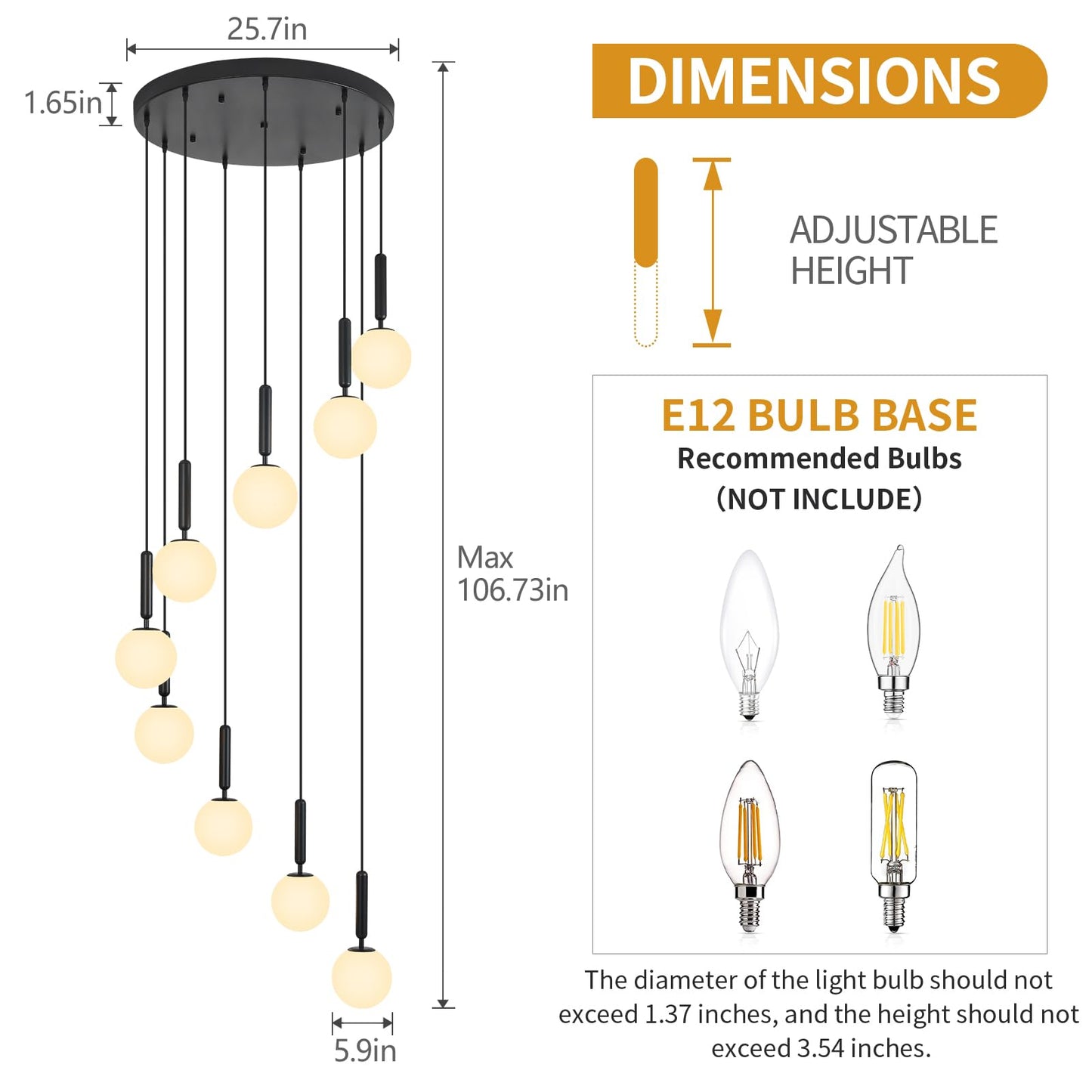FDPBY 9-Lights Black Chandelier with Milk White Glass Mid Century Modern Globe Pendant Light for Foyer Living Room Entryway Hallway