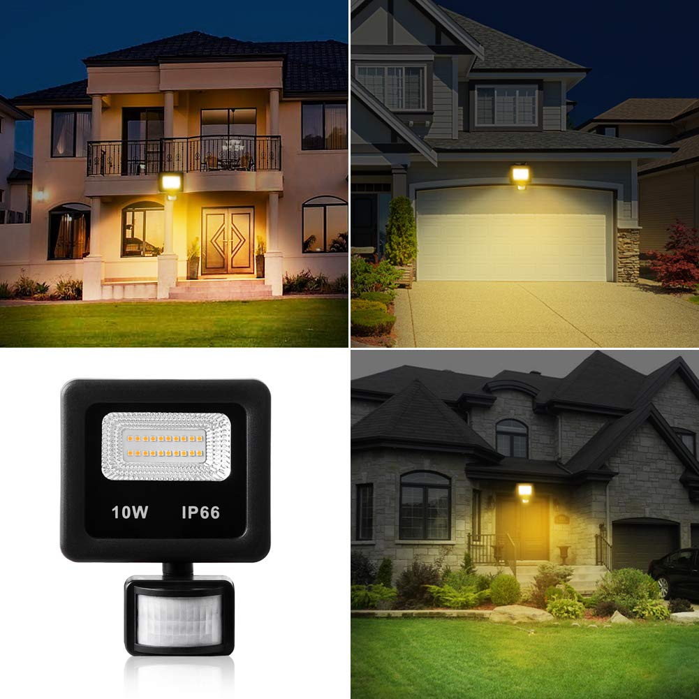 LEACOCO Motion Sensor Flood Light Outdoor,10W Security Light, IP66 Waterproof Outdoor Light,1000LM,3200K Motion Security Lights with Plug for Garage Yard Patio Pathway Porch Entryways (Warm White)
