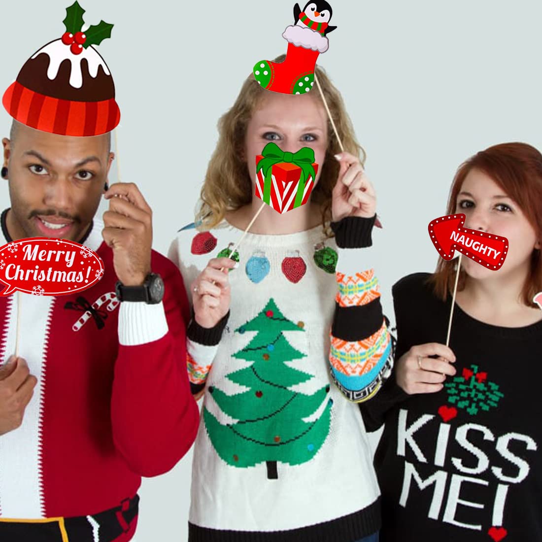 32pcs Christmas Photo Booth Props Party Decorations for Women Men Selfie Props Party Favors