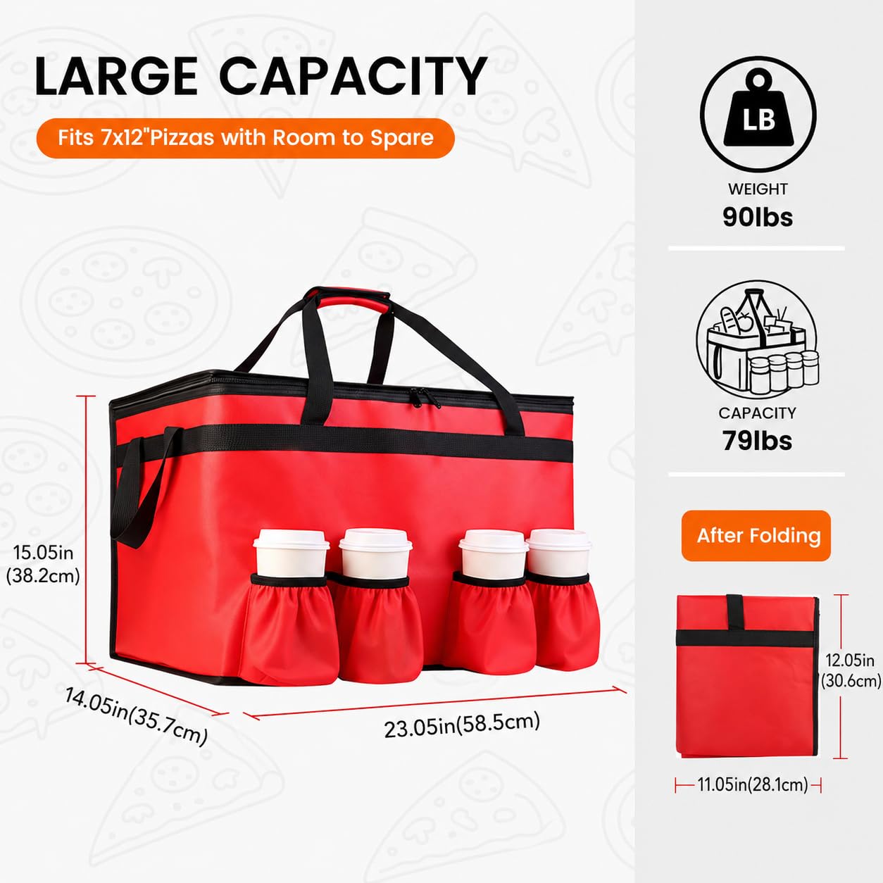CIVJET Insulated Food Delivery Bag with 4 Cup Holders, XXX-Large Commercial Grade Insulated Grocery Bag, Keep Food Hot/Cold, Heavy Duty Cooler Bag with Drink Carrier, Catering Food Carrier, Red