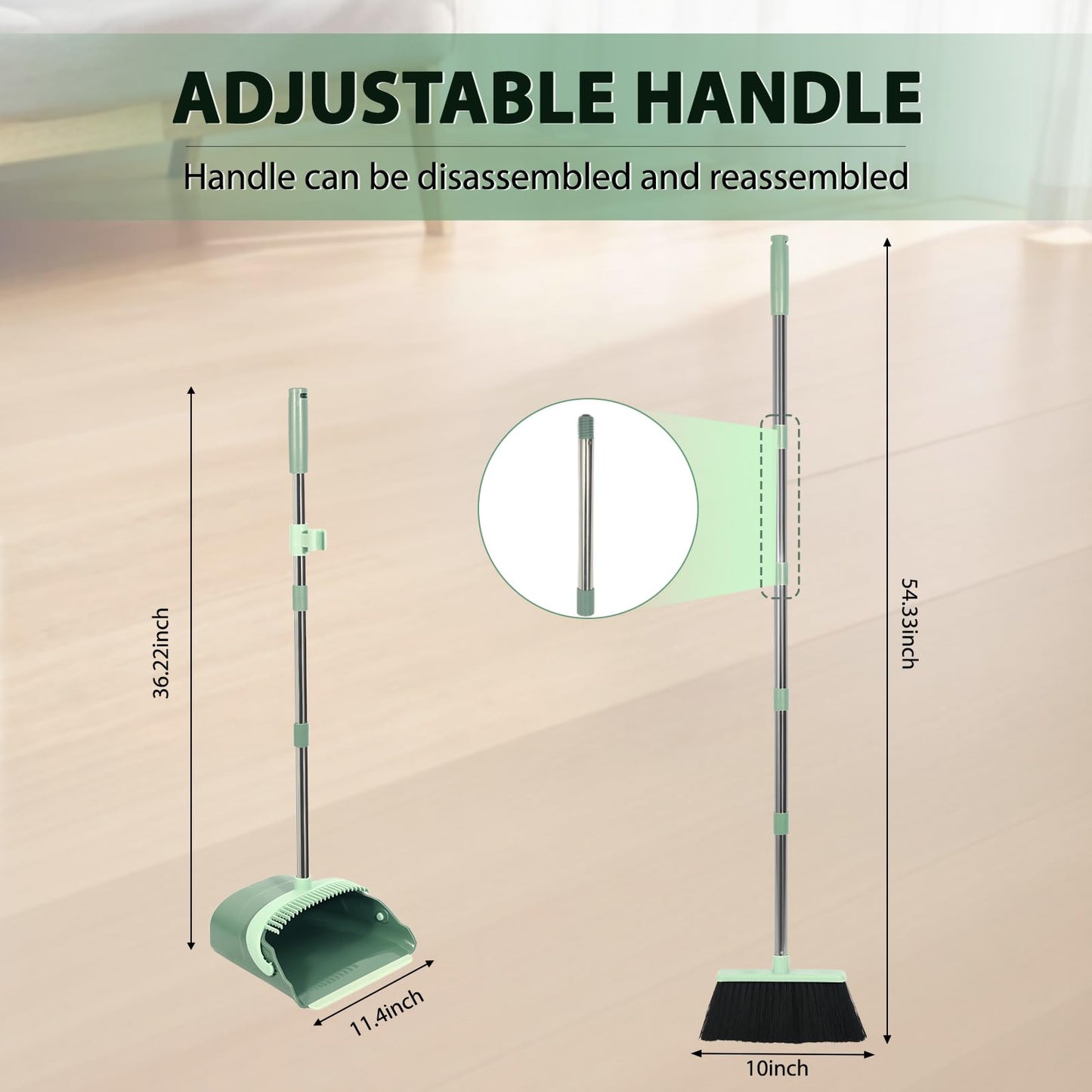 YZO Broom and Dustpan Set, 54.33 Inch Long Handle Standing Design, Dustpan Front Rubber Tight Seal, Broom with 5 Layer Bristles, Suitable for Living Room, Bedroom, Yard, Office and Apartment(Green)