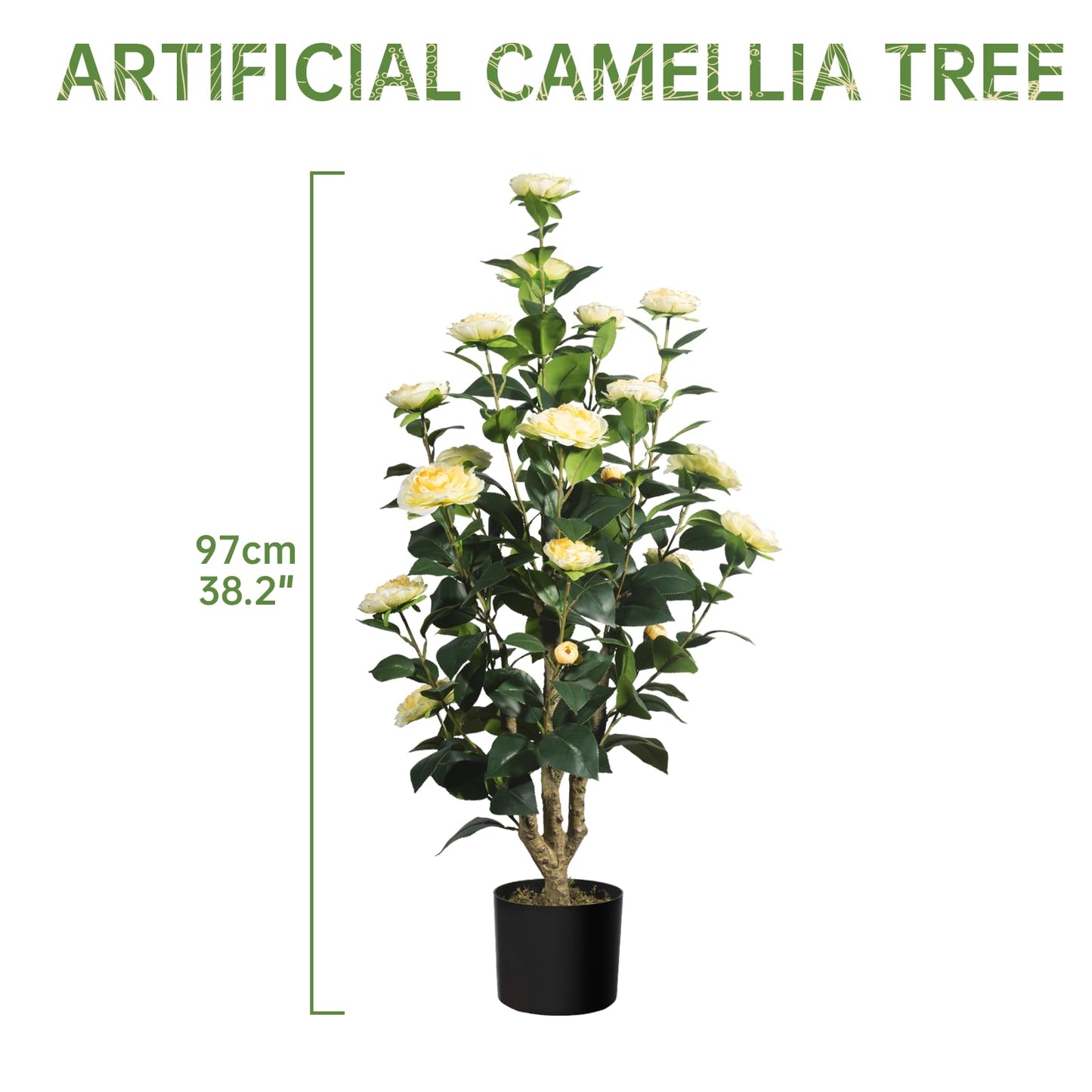 Romantic Season 2Pack Artificial Camellia Tree, 3FT Yellow Faux Camellia Plant for Modern Home, Office & Living Room Floor Decor