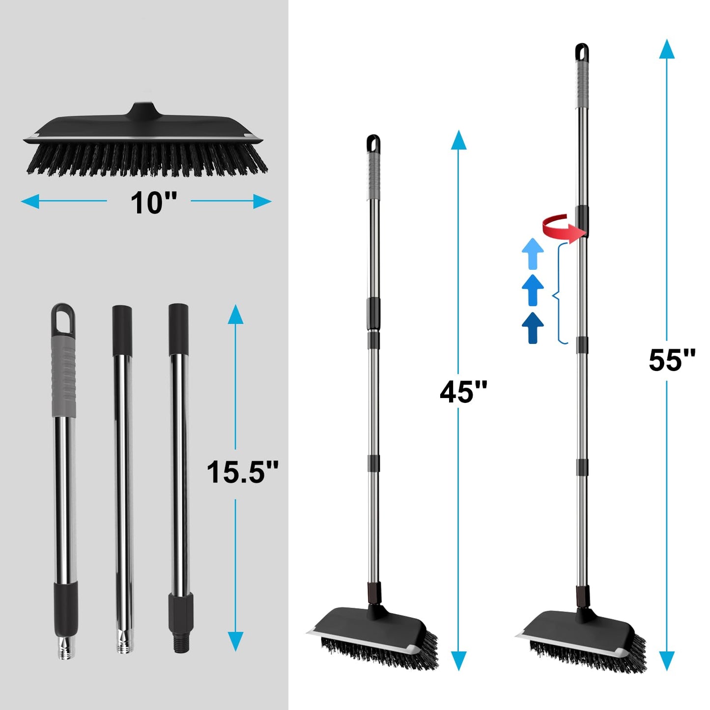 ITTAR Floor Scrub Brush with 55" Long Handle, 10" Wide Stiff Bristles Deck Brush, Stainsless Steel Pole Heavy-Duty Cleaning Brush, 2-in-1 Scrubber with Ruber Squeegee for Deck, Patio, Pool, Tile, Wall
