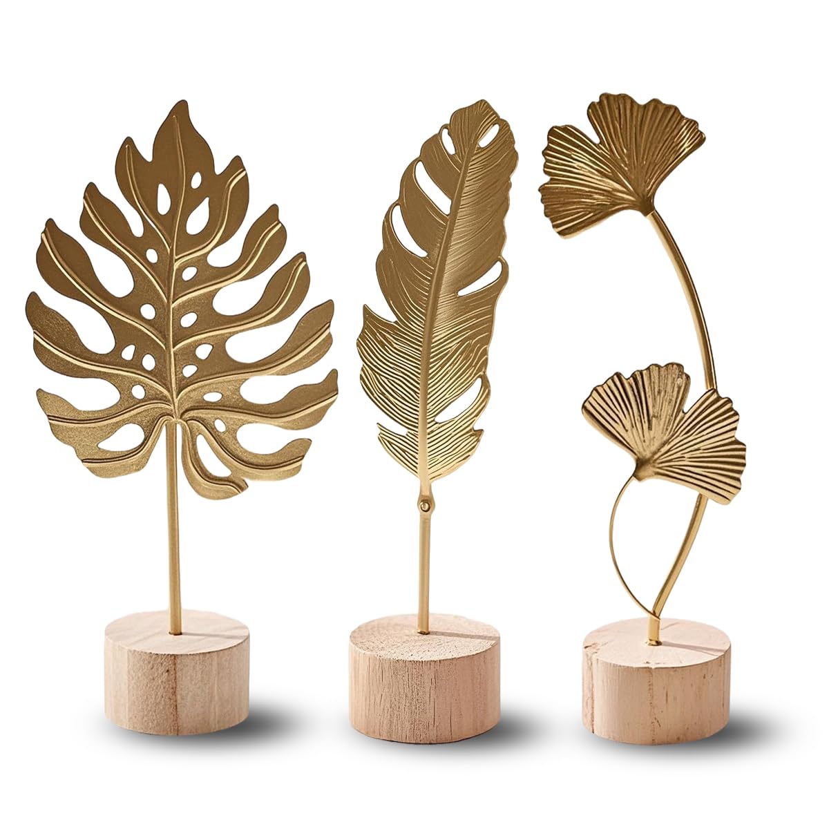 Uimoky Gold Leaf Home Decor Set - Metal Leaves Statues, Modern Artistic Sculptures for Living Room, Office, Shelf & Home Decorative, Handmade 3D Botanical Accents (Monstera, Feather, Ginkgo, 3PCS)