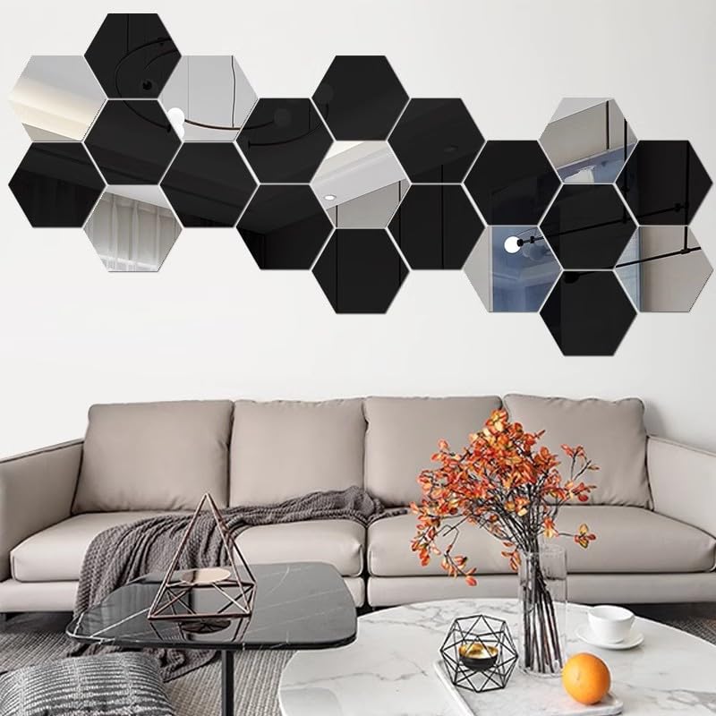 10PCS 3D Acrylic Mirror Wall Stickers Self-Adhesive Waterproof Mirror Decal Bedroom Living Room Hexagon Background Decoration,Black XS