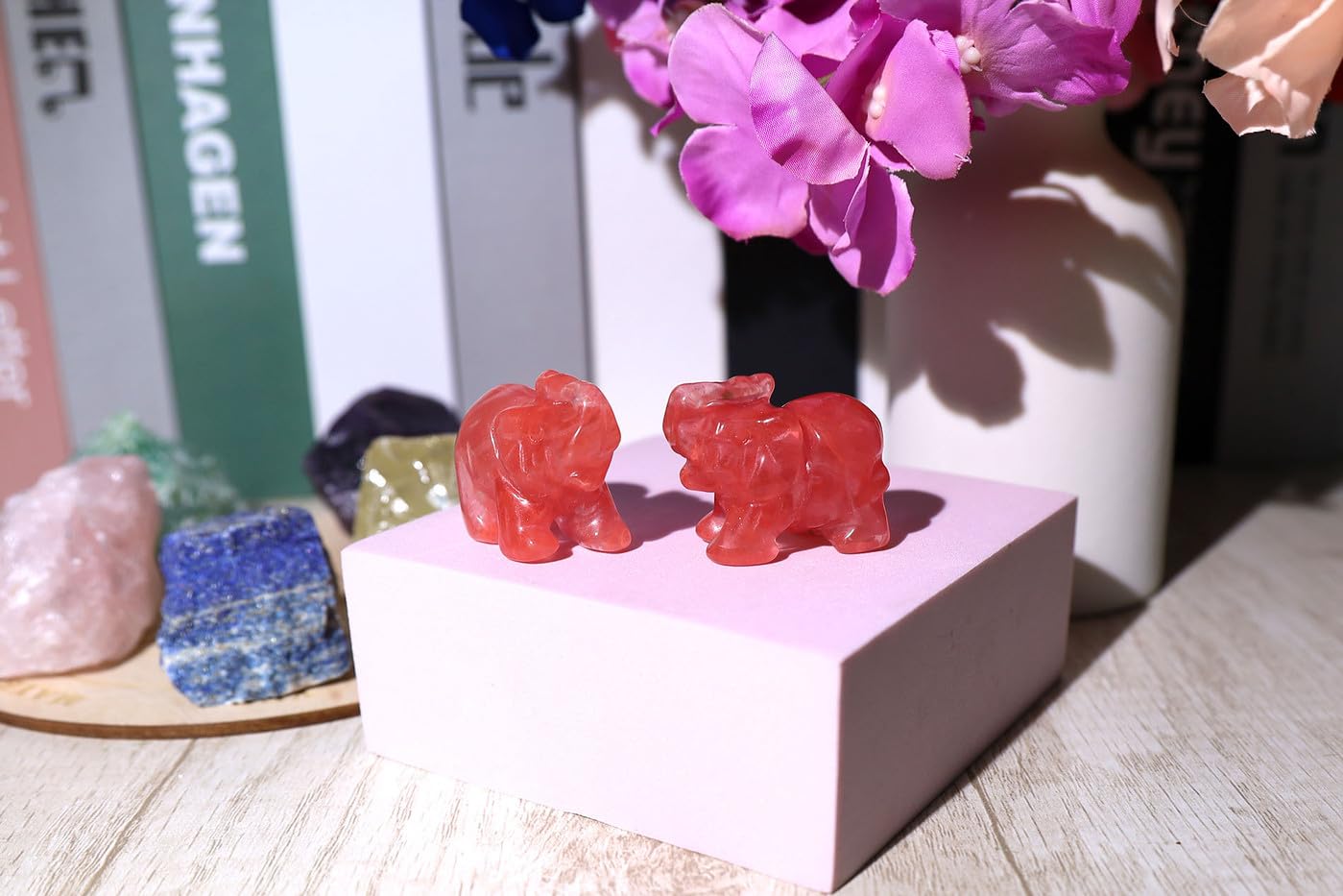 QINJIEJIE Cherry Quartz Crystals Elephant Decor Cute Desk Polished Stones Figurine Natural Gemstones Luck Decoration Home Room Office Pocket Hippie Elephant Meditation Spiritual Gift for Women