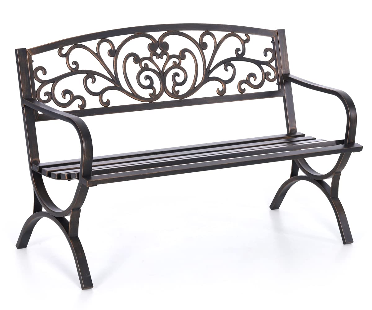 MFSTUDIO 50 Inches Outdoor Garden Bench, Cast Iron Metal Frame Patio Park Bench with Floral Pattern Backrest, Arch Legs for Porch, Lawn, Yard-Bronze