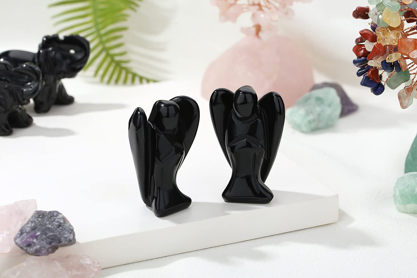 YATOJUZI 2" Black Obsidian Angel Decor Healing Crystals Polished Natural Stone Sculpture Statue Hand Carved Cute Figurines Energy Reiki Home Room Office Desk Decoration Guardian Gifts for Women Men
