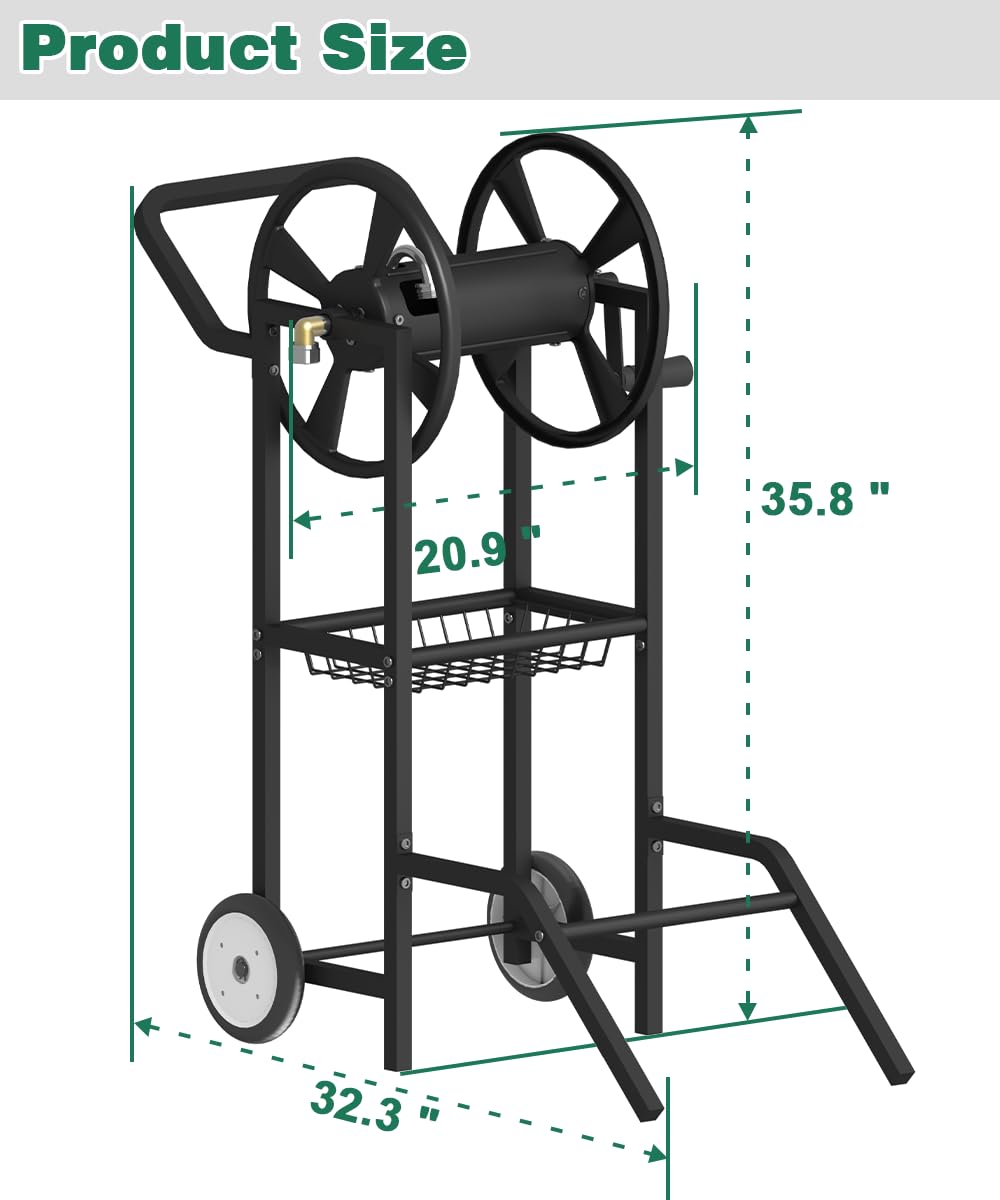 Artigarden Hose Reel Cart with 2 Wheels, Garden Water Hose Holder Heavy Duty Powder Coated Steel Outdoor Winder Storage Holds 125 ft 5/8" Hoses with Basket and 3.9ft Leader Hose for Backyard, Black