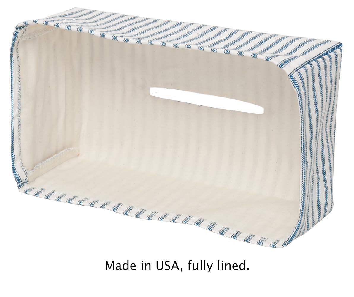 Fabric Tissue Box Cover, Tissue Holder Slipcover, Slips Over Rectangular Cardboard Facial Tissue Boxes -Decorative Blue Stripe Cotton Fabric, Made in USA
