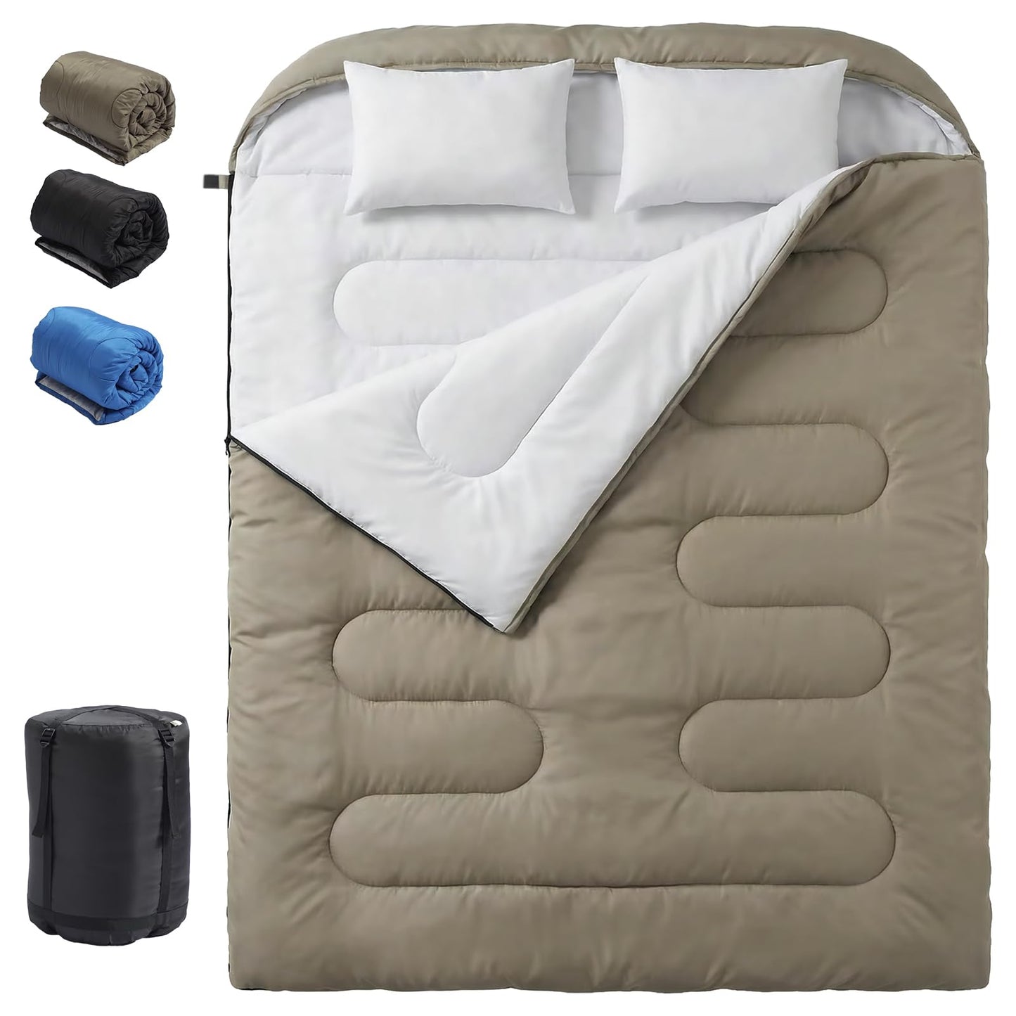NEWBULIG Double Sleeping Bag for Adults with 2 Pillows, XL Waterproof Lightweight Machine Washable Sleep Bag Cold Weather, 3-Season for Camping/Hiking/Backpacking, 2-in-1 Converts to 2 Singles