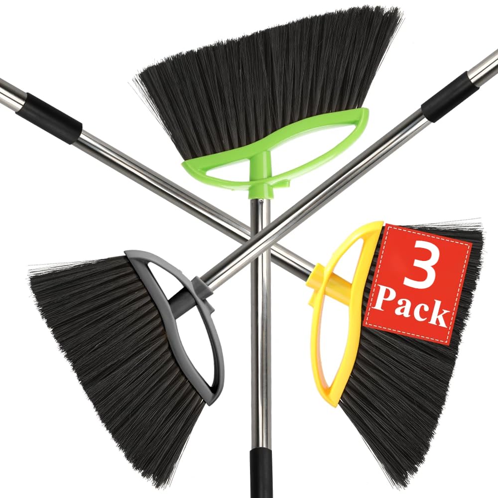 Chanhoo 3 Pack Soft Bristle Angle Broom for Floors - Wide Indoor Heavy Duty Broom with 38"-53.5" Adjustable Handle, Kitchen & Restaurant Use for Hardwood, Porch (Gray, Yellow, Green)