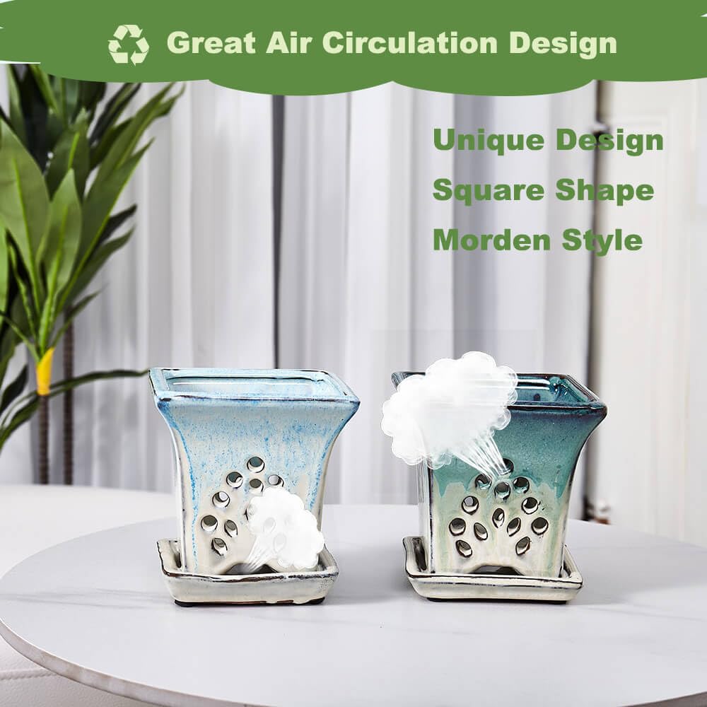 Ceramic Orchid Pots with Holes attached Saucers 4.8 Inches - Set of 2 Small Square Orchid Pots for Repotting, Decorative Ceramic Orchid Planter with Hole for Healthy Root Growth Green Blue Mixed