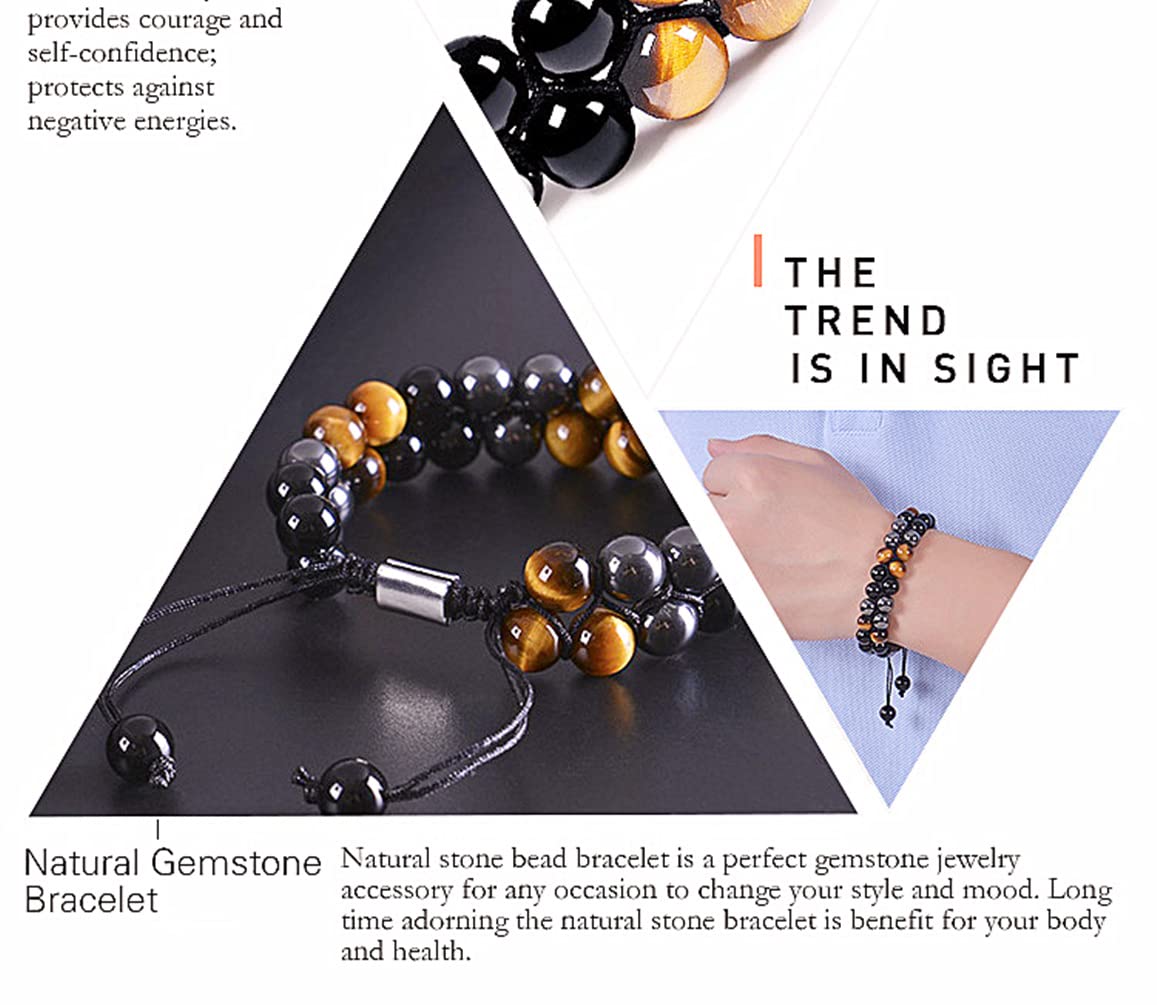 WEFRIN Triple Protection Bracelet for Bring Luck and Prosperity Hematite Black Obsidian Tiger Eye Stone Bracelets for Men Women, Beaded Buddha Rope Uni Bracelet (2pcs)(A(1))