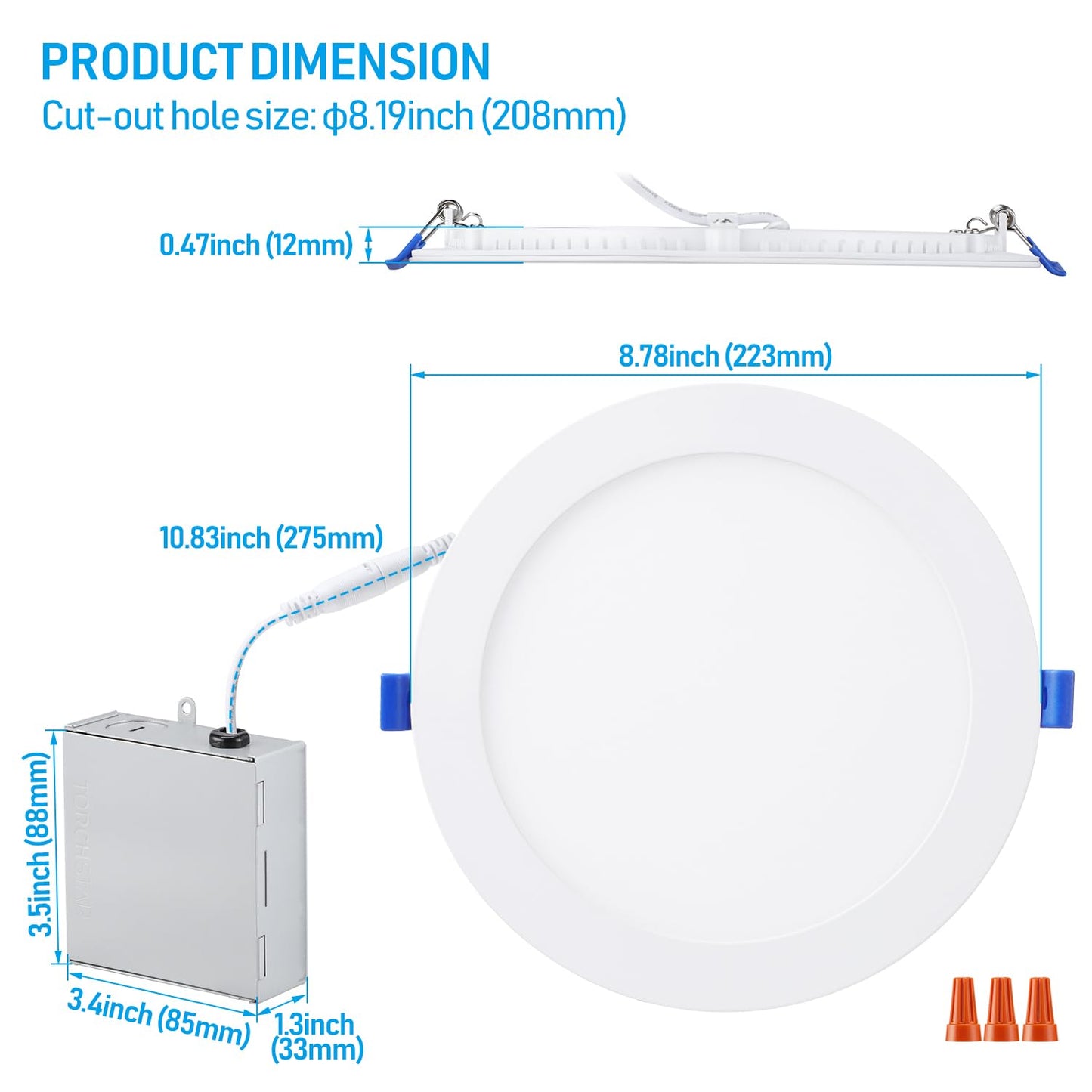 TORCHSTAR 8 Inch Ultra-Thin LED Recessed Ceiling Light with Junction Box, 4000K Cool White, 18W High Brightness Dimmable Slim Canless Wafer Downlight, ETL & ES, Pack of 6