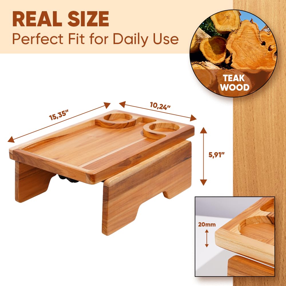 Dynamic-top 15.35" x 10.24" Teak Wood Couch Arm Tray, Sofa Armrest Table with Dual Cup Holders, Clip-on Tray for Wide Couch - Side Table for Eating & Drink, Snack, Phone, Remote