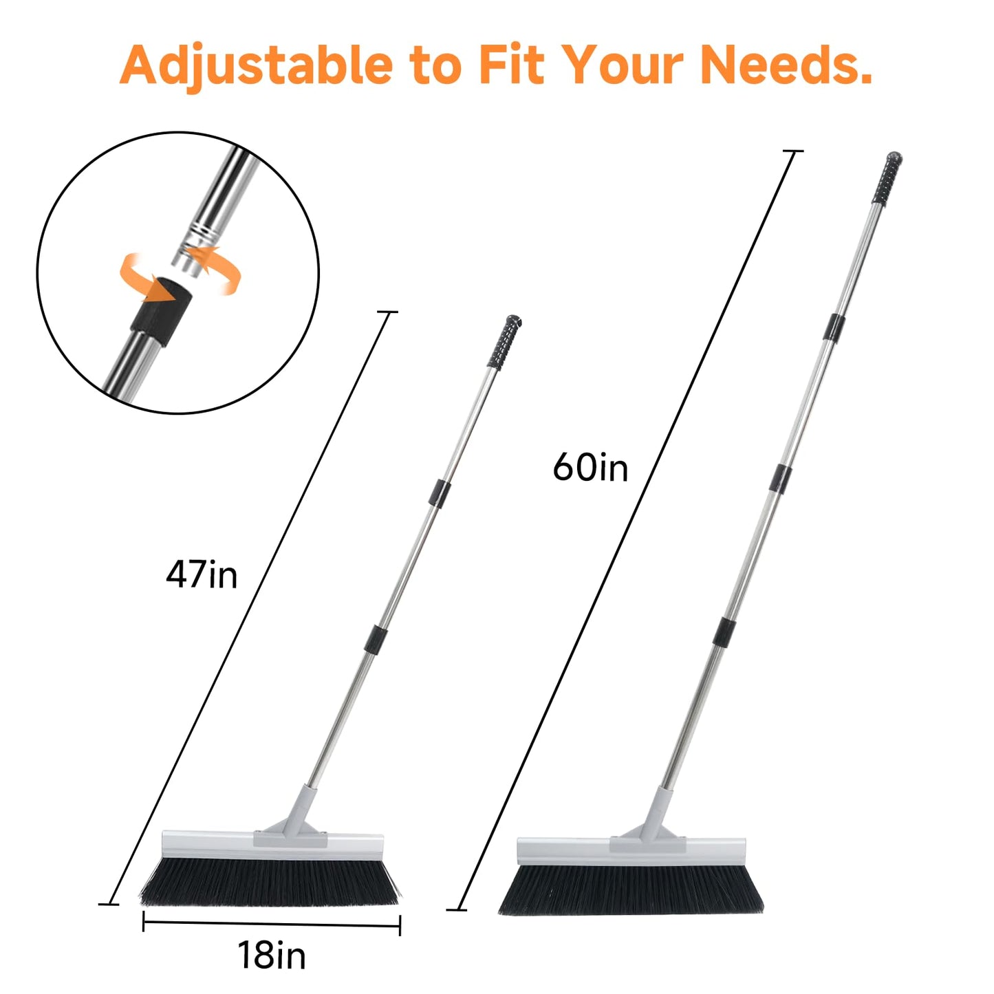 Keyloland 18" Extra Wide Heavy Duty Broom, Aluminum Reinforced Commercial Broom for Driveway and Garage, 60" Adjustable Handle, 29% More Sweeping Area for Concrete, Patios, Decks, Workshops