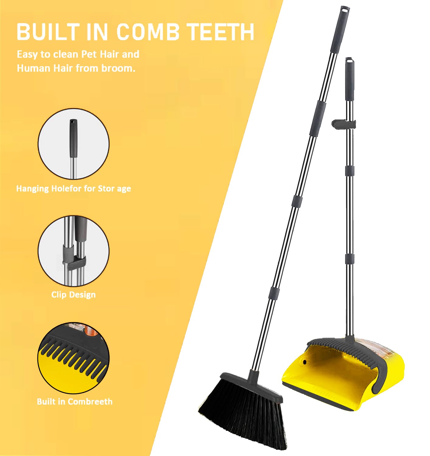2-Pack is More economical,Brooms with Dustpan Combo Set， with 52" Long Handle, Dustpan Teeth with self-Cleaning Function, Indoor and Outdoor Sweeping, Perfect for Home Office(Large/Yellow /2-Pack)