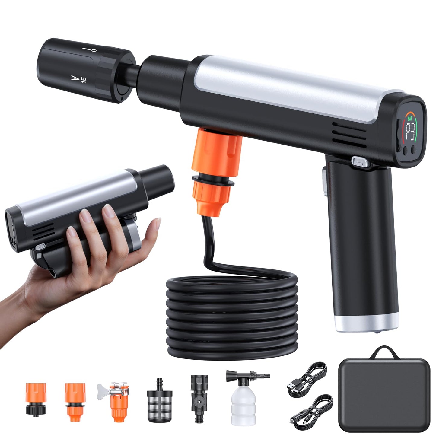 Foldable Cordless Washer, Portable Battery Washer with 5-in-1 Nozzle, 3 Levels & LCD Display, Handheld Washer for Car, Bike, Patio & Camping (Black)
