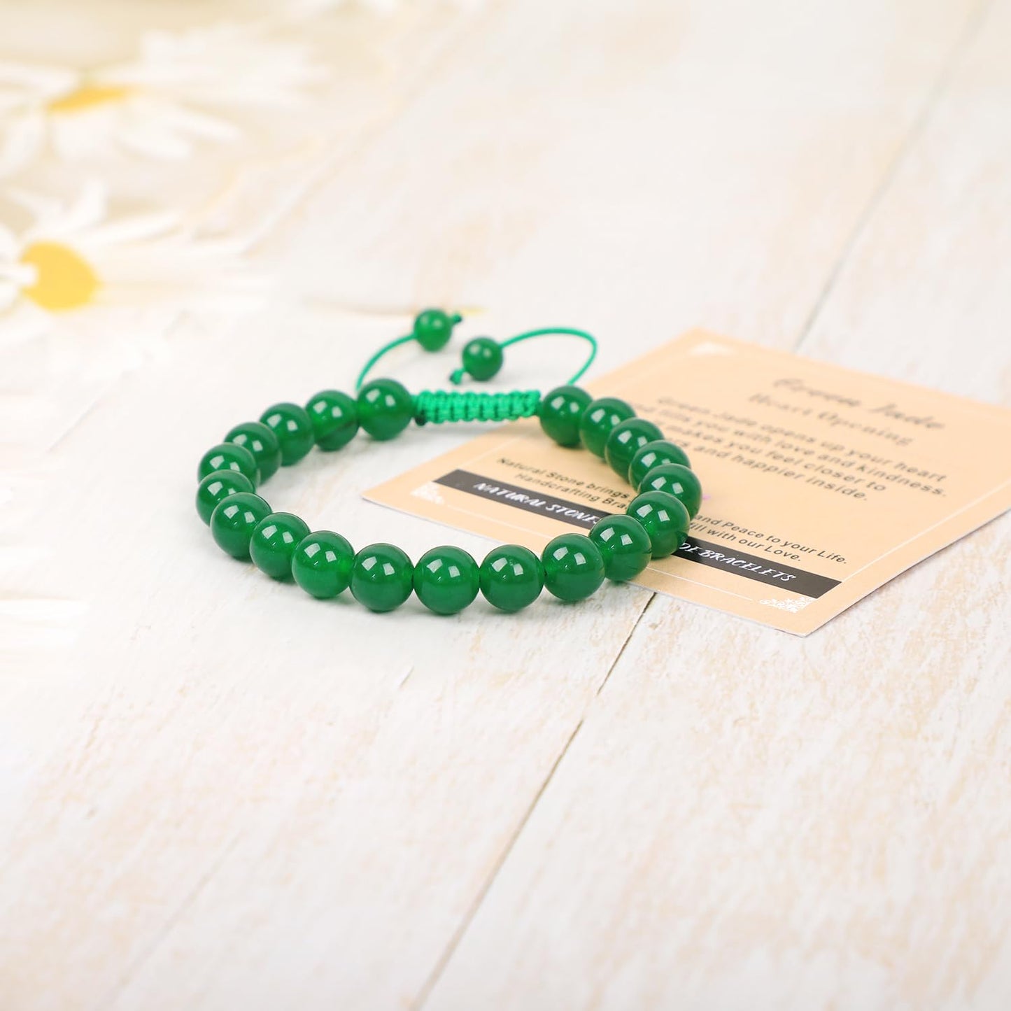 AD Beads 8mm Green Jade Bracelet - Stone of Heart Opening - Handmade Natural Stone Crystal Bracelet with Adjustable Macrame String - Yoga Healing Power Energy Gifts for Men and Women