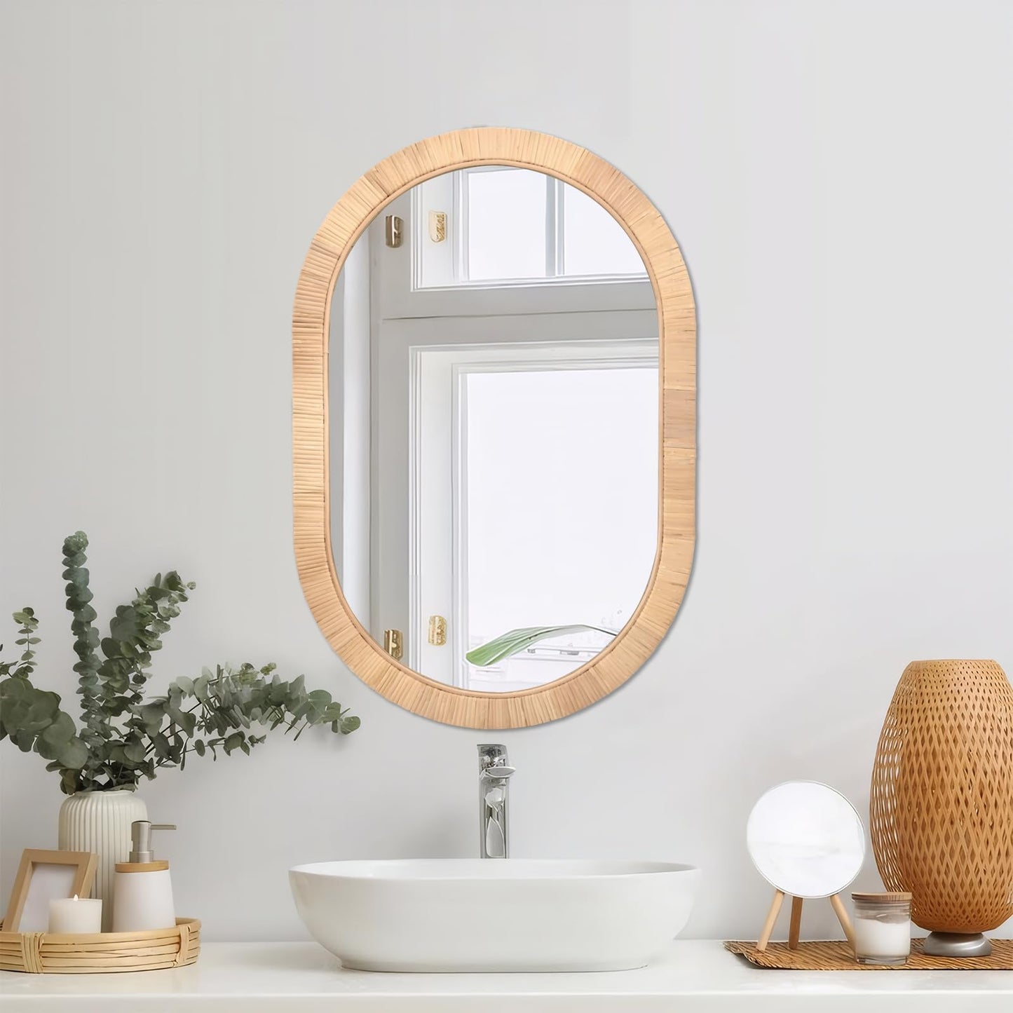 FUIN Handcrafted Rattan Oval Wall Mirror 20x30 – Natural Woven Wicker Frame for Boho Living Room & Entryway – High-Definition Shatter-Resistant Mirror – Vertical or Horizontal Biophilic Home Decor