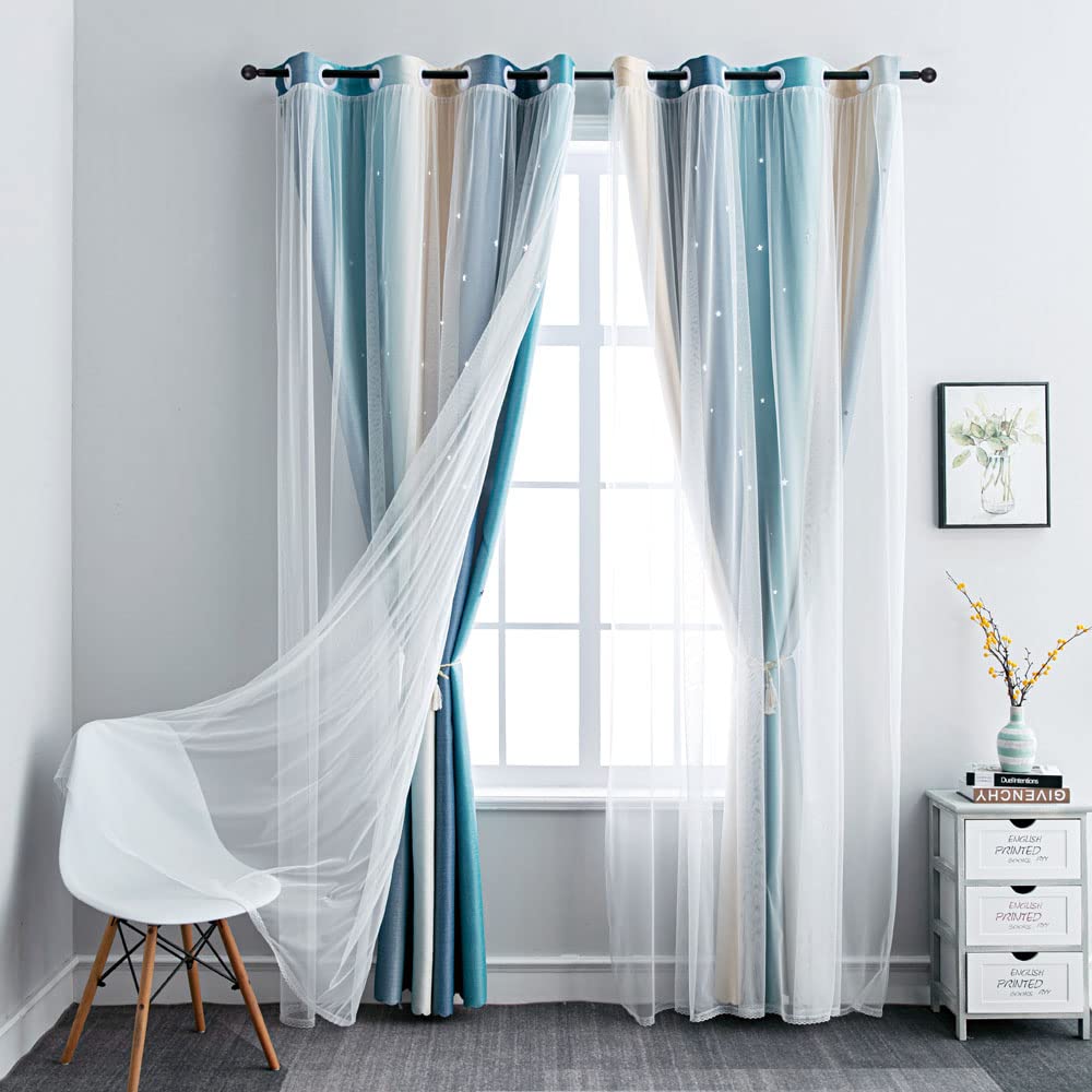 FANLI Ombre Rainbow Blackout Curtains for Kid Girls Bedroom Living Room Darking Stripe Double Layer Star Cut Out Wall Home Decor Gradient Grommet Window Curtains (Blue/Yellow, 52W x 63L)
