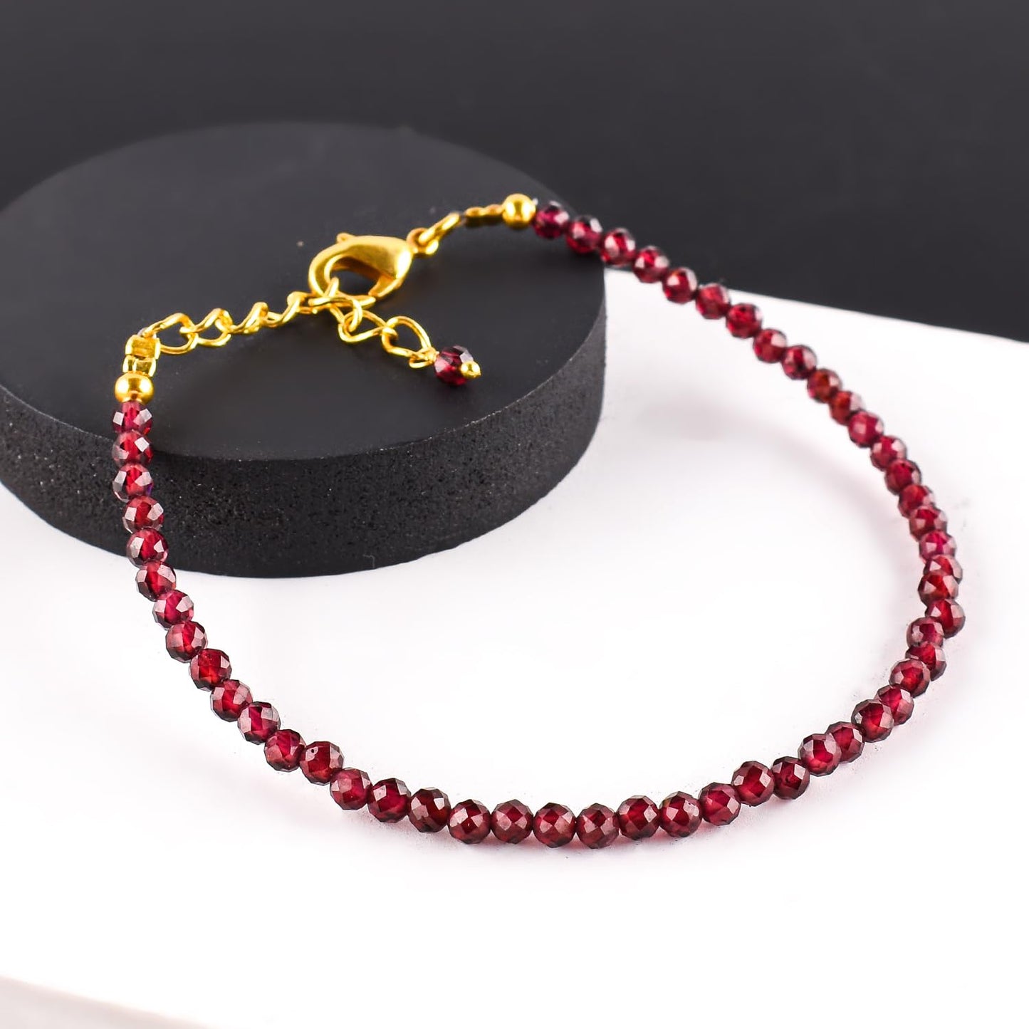 Natural Red Garnet Gemstone Micro Beads Dainty Bracelet Jewelry for Women, January Birthstone, Chakra Energy Crystals, 14k Gold Plated Chain 8 inch Adjustable