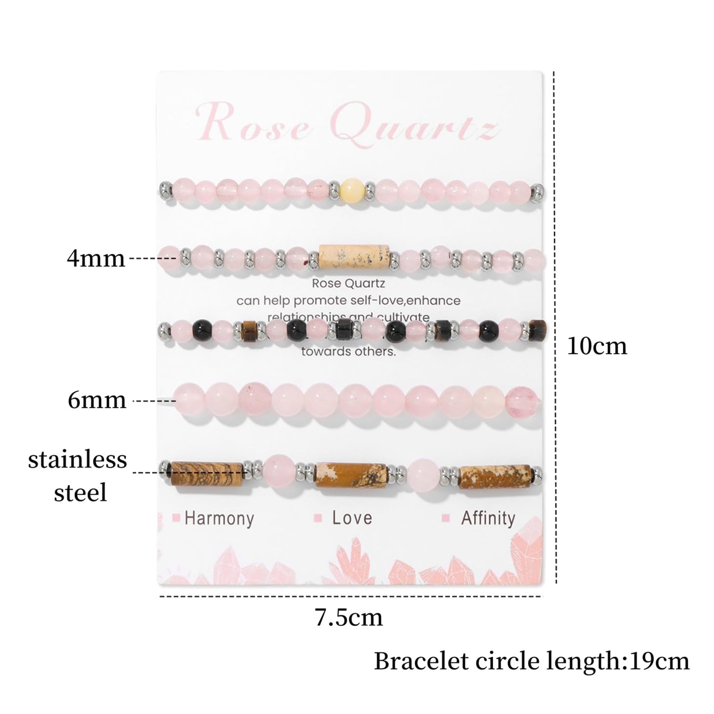 Lit Wall 5Pcs Rose Quartz Bracelet Set: 4mm Stackable Pink Crystal Beaded Bracelets for Women