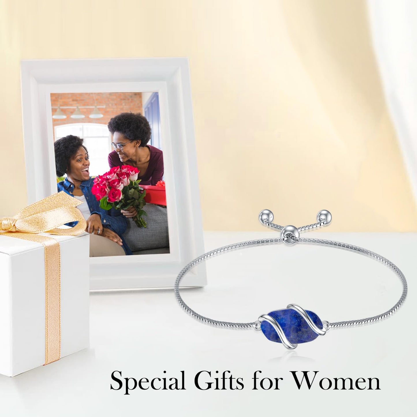 HPQQ Lapis Lazuli Bracelet for Women 925 Sterling Silver Lapis Jewelry Gemstone Bracelet Birthday Mothers Day Gifts for Mom Wife