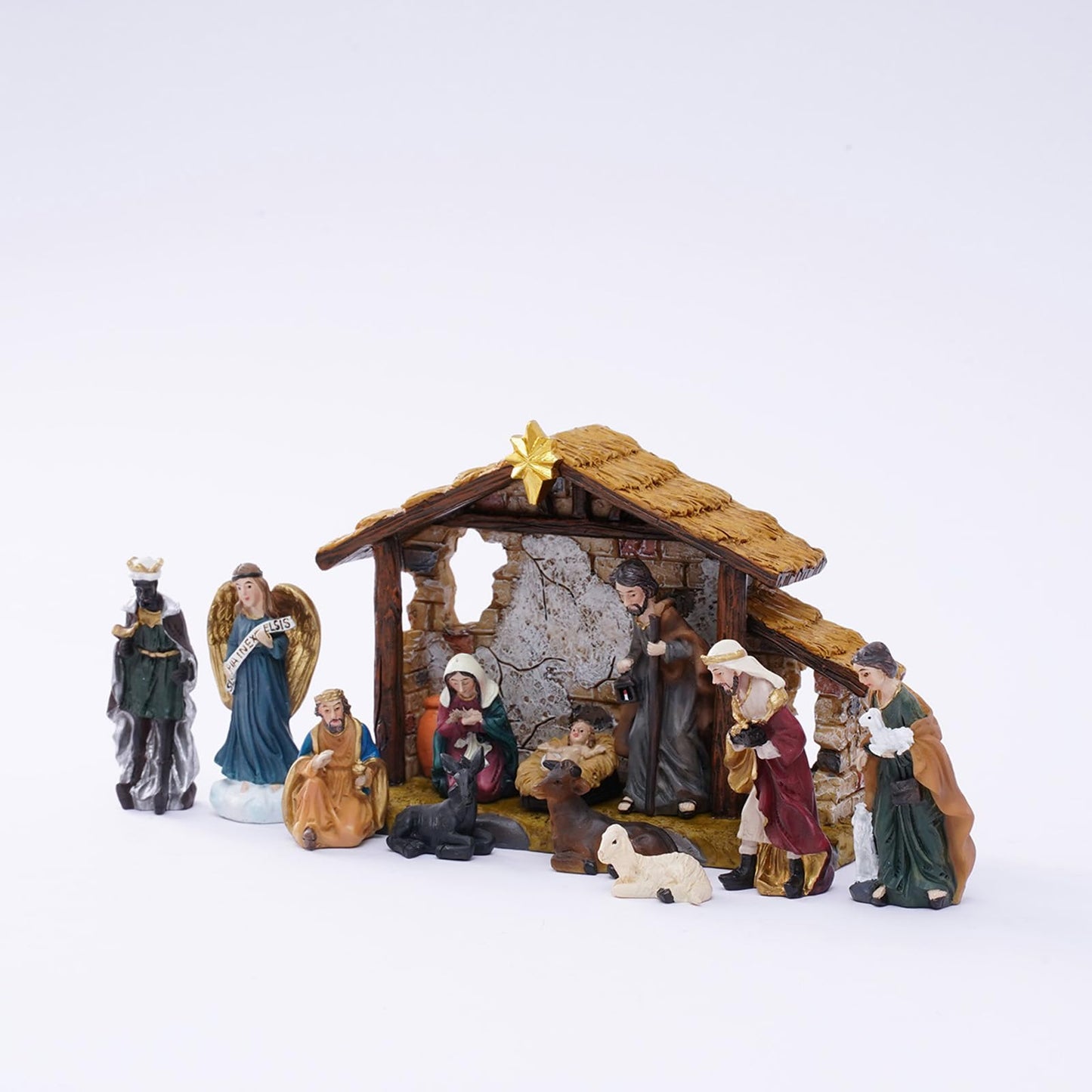 QZLUJIANG Traditional Christmas Nativity Scene Set with Stable, 12 Piece Resin Figurine Collection, Holiday Religious Decor (3.3inch)