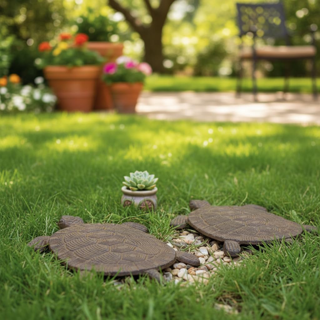 Comfy Hour 13" Heavy Duty Cast Iron Sea Turtle Stepping Stone, Decorative Metal Garden Paver for Outdoor Walkway & Yard, Weatherproof Coastal Yard Art Decor, Antique Brown (Light Brown)