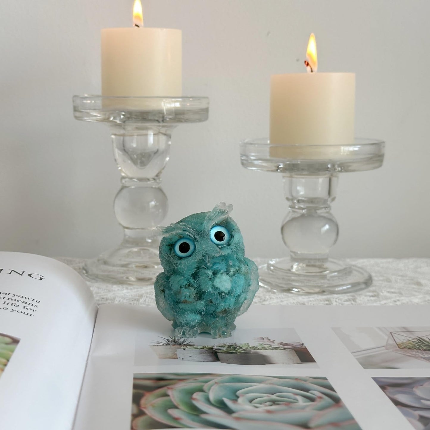 XYLIBLLA Hand-Carved Natural Crystal Owl Statue Owl Decor ，Green Owl Figurine, Animal Figurines Desk Decor and Owl Gifts for Women.（Turquoise）