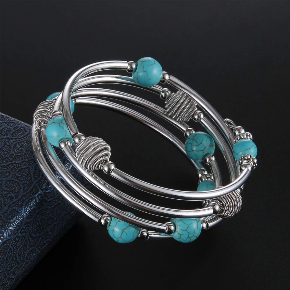 PEARL&CLUB Beaded Chakra Bangle Turquoise Bracelet - Fashion Jewelry Wrap Bracelet with Thick Silver Metal and Mala Beads, Birthday Gifts For Women(63-Turquoise Blue)