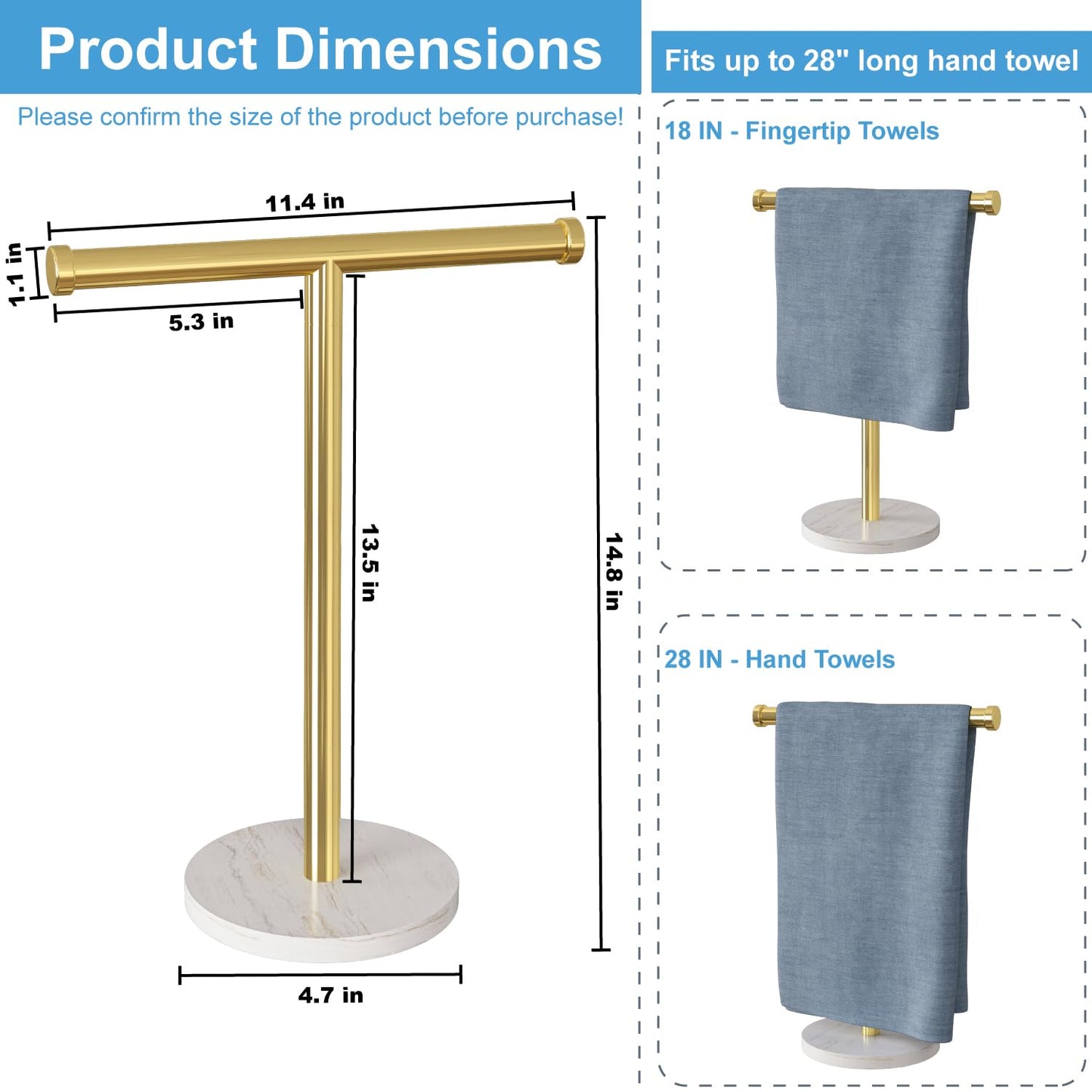 Blemoacha Hand Towel Holder, T-Shape Hand Towel Stand with Heavy Marble Base, Stainless Steel Towel Bar Rack for Bathroom Vanity, Kitchen Countertop, Gold