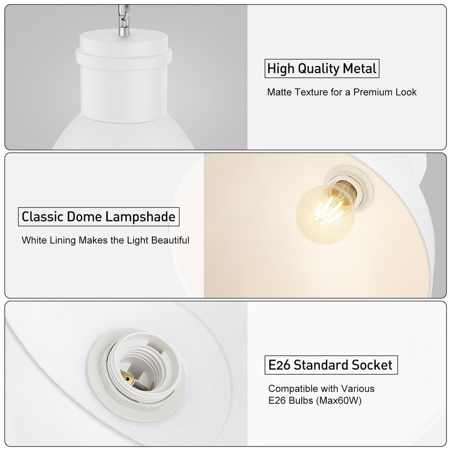 BoostArea White Pendant Lights Kitchen Island, 10.6" Large Metal Shade and 70.9'' Adjustable Height, Modern Pendant Lighting Fixtures,Farmhouse Hanging Pendant Light for Kitchen Island/Bar,No E26 Bulb