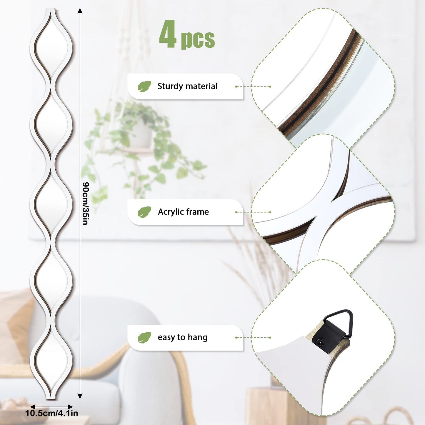 Qunclay Teardrop Mirror Wall Art Decorative Mirror Wall Decor Long Narrow Art for Apartment Living Room Bathroom Bedroom Entryway
